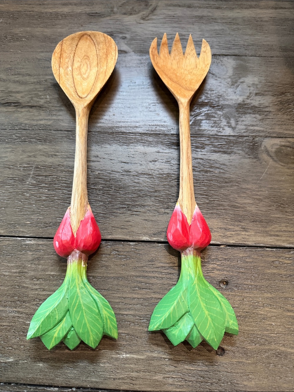 Hand-Carved Wooden Salad Server Set with Radish & Green Leaf Handles